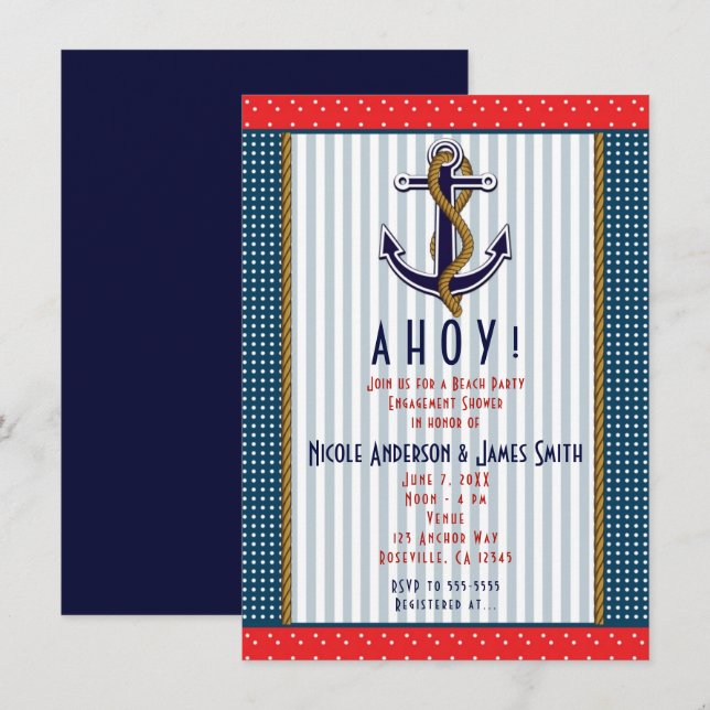 Invitation Ancre nautique Pois blancs Bleu  (Devant / Derrière)