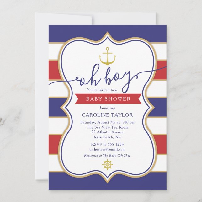 Invitation Ancre nautique Rouge Blanc Bleu Baby shower garçon (Devant)