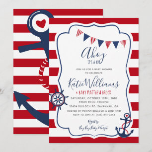 Invitation Ancre nautique Rouge Blanc Bleu Bébé Bébé Invitati