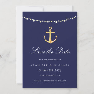 Invitation Ancre nautique Sauvez la date, Marine Gold