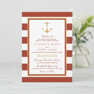 Invitation Ancre or nautique, brique rouge et Mariage or