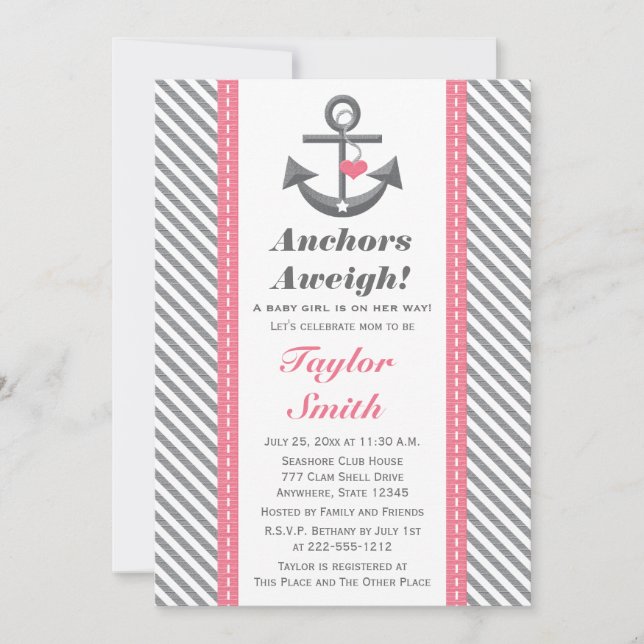 Invitation Ancre rose et gris Baby shower nautique (Devant)