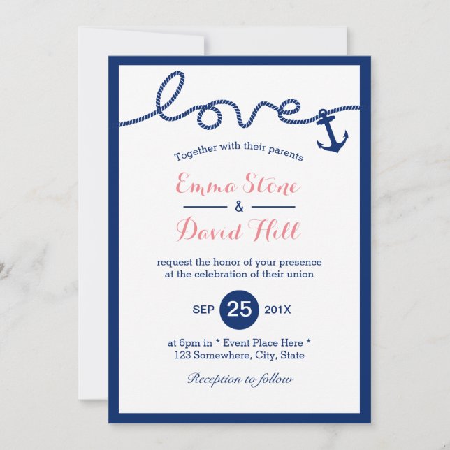 Invitation Ancre simple Nautique et Mariage de corde (Devant)