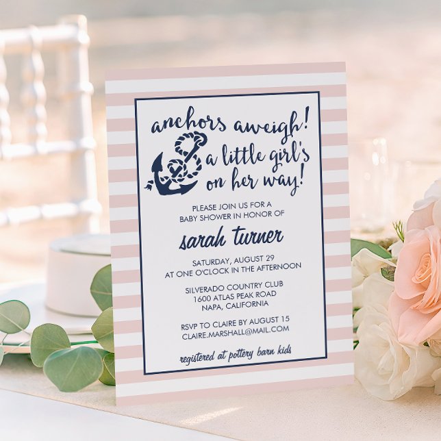 Invitation Ancres Aweigh ! Baby shower Nautique Rose fille (Créateur téléchargé)