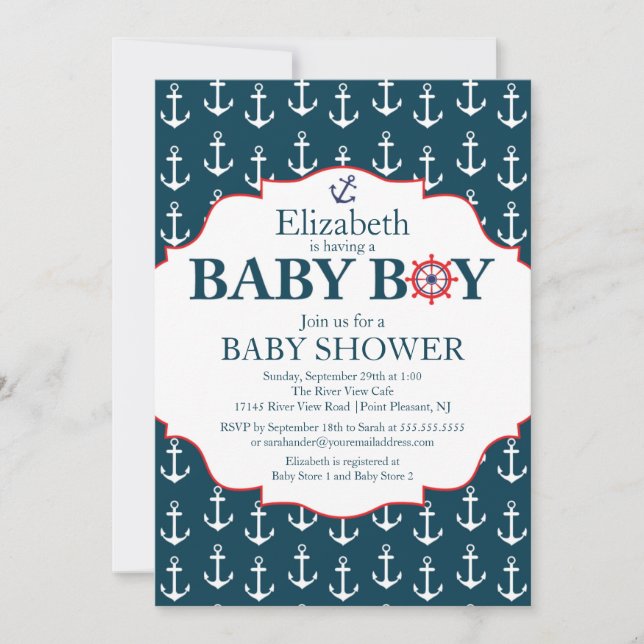 Invitation Ancres bleu et blanc nautique Baby shower garçons (Devant)