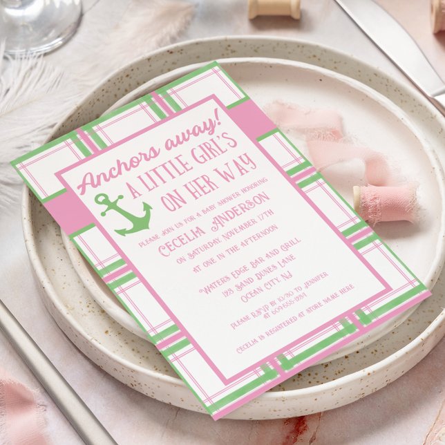 Invitation Ancres Éloignées Fille Baby shower nautique (Créateur téléchargé)
