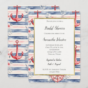 Invitation Ancres Fleurs Bleu Rouge Rayures Enterrement de Vi