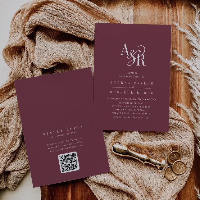 Invitation ANDREA Burgundy QR Code Classic Elegant Wedding (ANDREA Burgundy QR Code Classic Elegant Wedding Invitation)