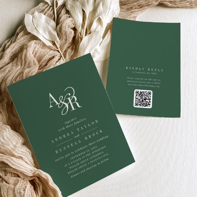 Invitation ANDREA Code QR Vert Foncé Mariage Classique Élégan (ANDREA Dark Green QR Code Classic Elegant Wedding Invitation)