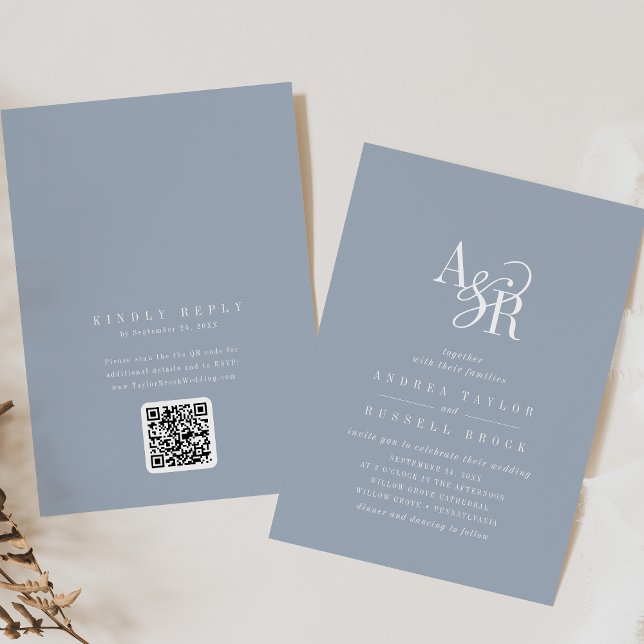 Invitation ANDREA Dusty Blue QR Code Classic Elegant Wedding (ANDREA Dusty Blue QR Code Classic Elegant Wedding Invitation)