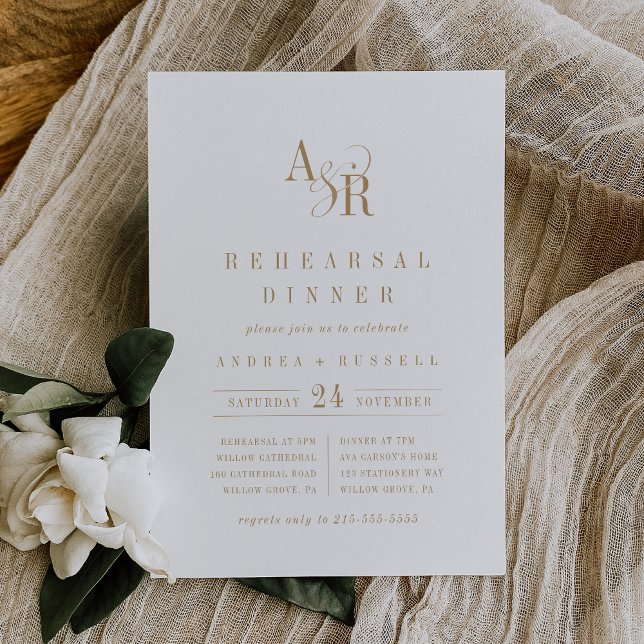 Invitation ANDREA Monogramme Boho Gold Minimal de répétition  (ANDREA Monogram Boho Gold Minimal Rehearsal Dinner Invitation)