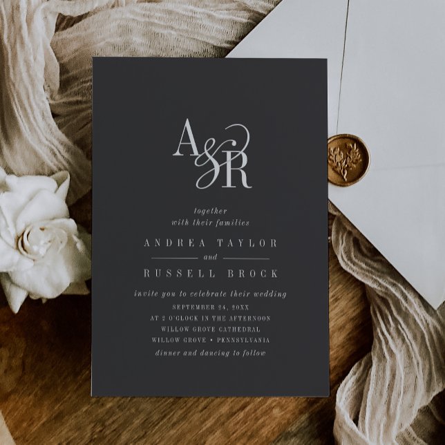 Invitation ANDREA Monogramme classique gris foncé Moody Maria (ANDREA Monogram Classic Dark Gray Moody Wedding Invitation)