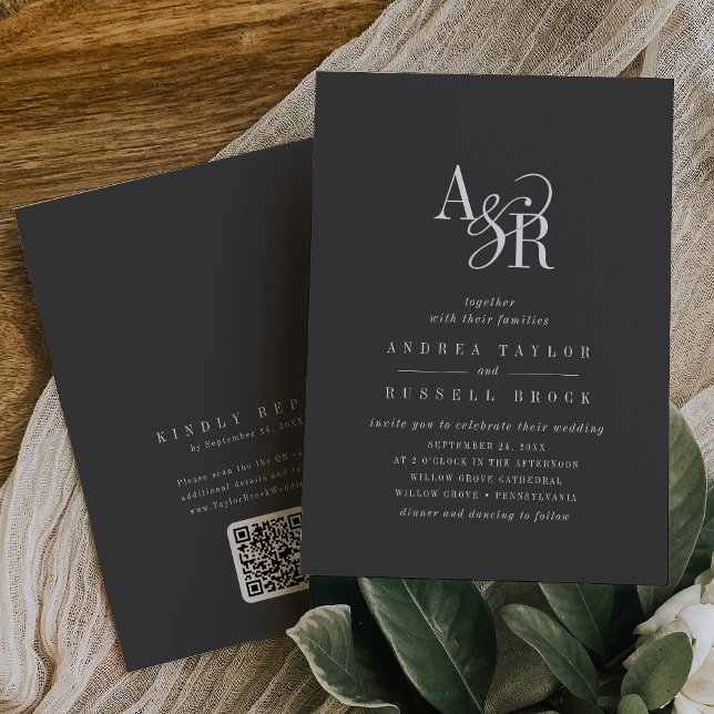 Invitation ANDREA QR Code Grey Dark Academia Initiales Mariag (ANDREA QR Code Gray Dark Academia Initials Wedding Invitation)