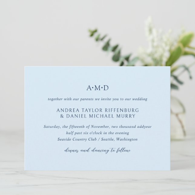 Invitation Andrea Sky Blue Mariage élégant (Debout devant)