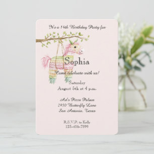 Invitation Âne en pinata d'anniversaire rose menthe
