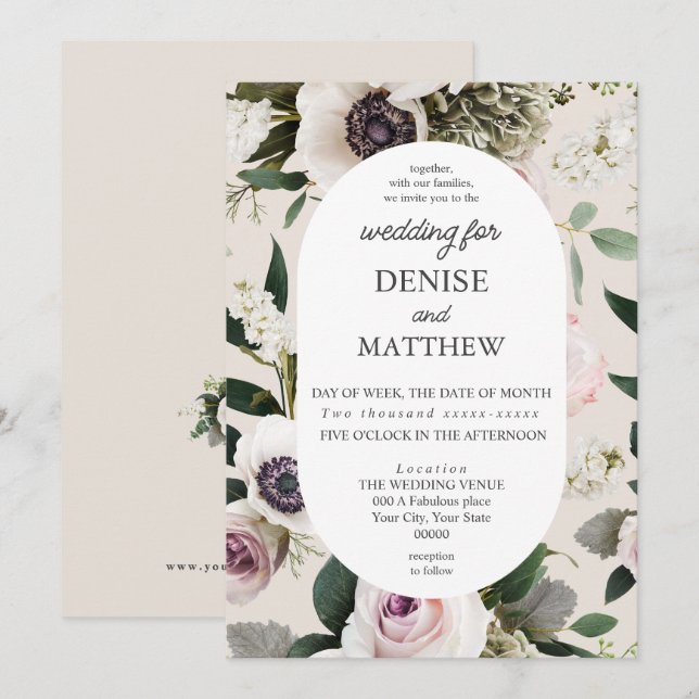 Invitation Anémon blanc sur Cameo Mariage beige (Devant / Derrière)