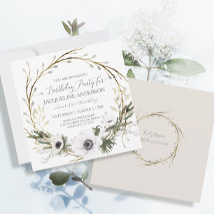 Invitation Anémone blanche Twig Fern Eucalyptus fête d'annive