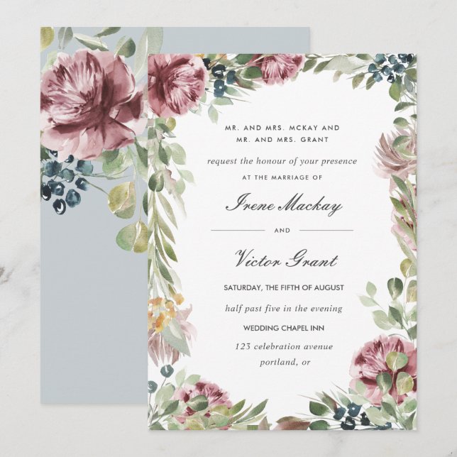 Invitation Anemone Blush | gris bleu Mariage botanique offici (Devant / Derrière)