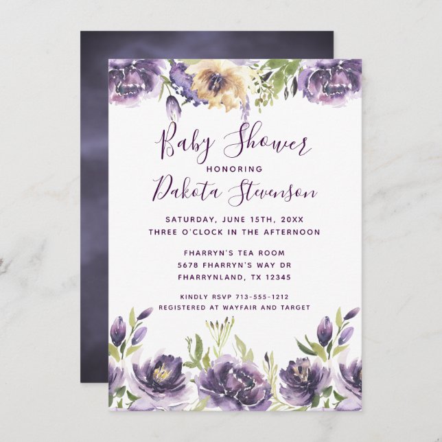Invitation Anemone Garden Crème violet Baby shower Boho (Devant / Derrière)