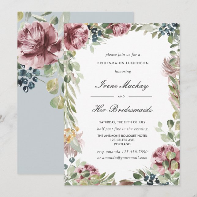Invitation Anemone Grey Bleu Botanique BRIDESMAIDS LUNCHEON (Devant / Derrière)
