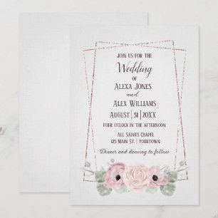 Invitation Anémone rose de mariage et cadre pailleté