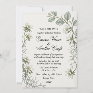 Invitation Anémones blanches en bois, feuillage vert, bordure