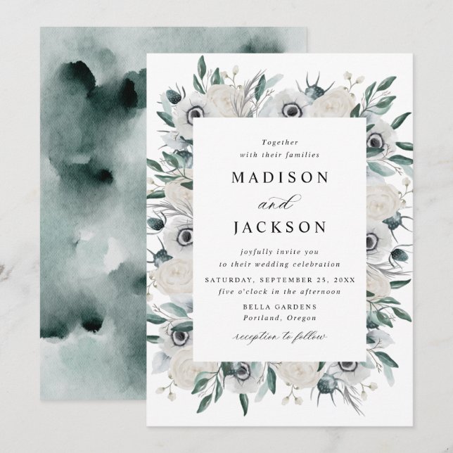 Invitation Anémones blancs et Mariage Rose (Devant / Derrière)