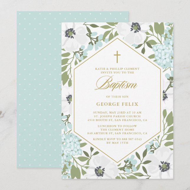 Invitation Anémones Bleu Floral Baby Boy Baptême (Devant / Derrière)