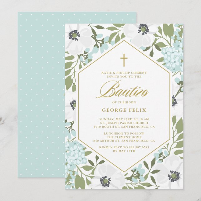 Invitation Anémones Bleu Floral Baby Boy Bautizo (Devant / Derrière)