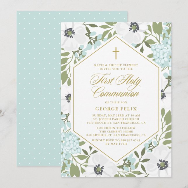Invitation Anémones Bleu Floral Première Communion Sainte (Devant / Derrière)