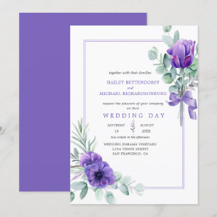 Invitation Anémones de lavande violette et cadre vert