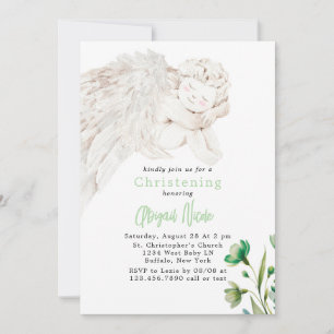 Invitation Ange aux ailes vertes florales baptême