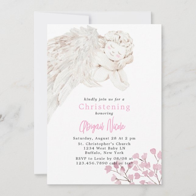 Invitation Ange avec ailes rose floral Baptême (Devant)