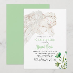 Invitation Ange avec ailes vert floral baptême