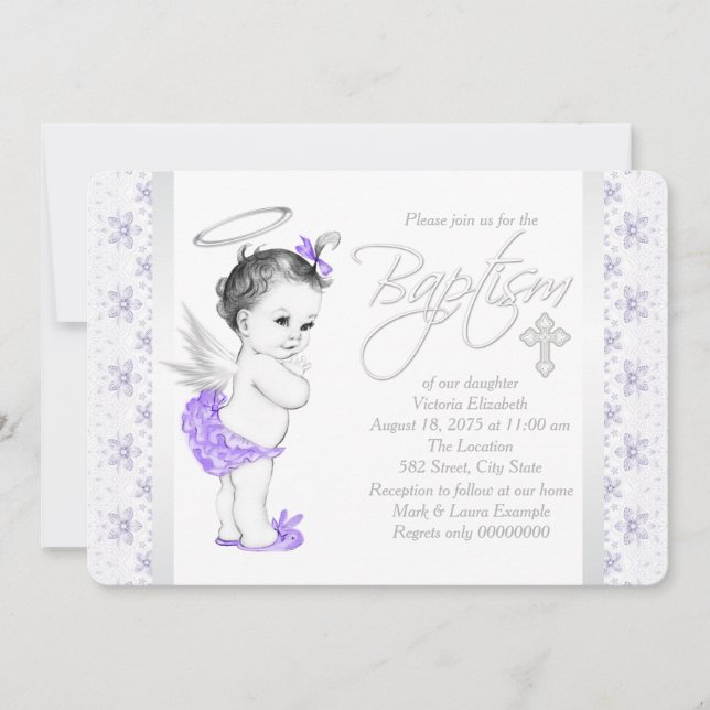 Invitation Ange de dentelle violet bébé fille Baptême (Devant)