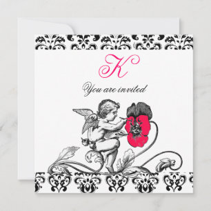 INVITATION ANGE DÉCORANT UNE FLEUR ROSE D'UN MONOGRAMME EN DA