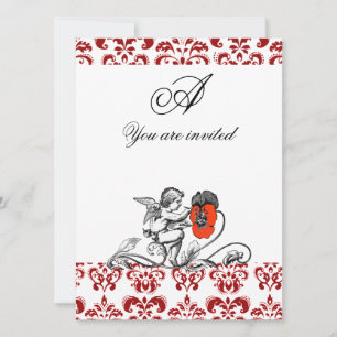INVITATION ANGE DÉCORANT UNE FLEUR ROUGE DE DAMAS MONOGRAMME