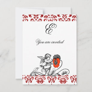 INVITATION ANGE DÉCORÉ D'UNE FLEUR ROUGE BRODÉE MONOGRAMME EN