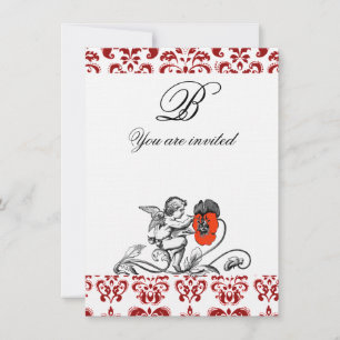INVITATION ANGE DÉCORÉ D'UNE INITIALE EN DAMAS À FLEUR ROUGE 
