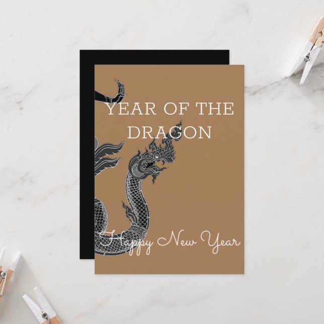 Invitation ange-dragon noir blanc thaï, année du dragon (Devant/Arrière en situation)