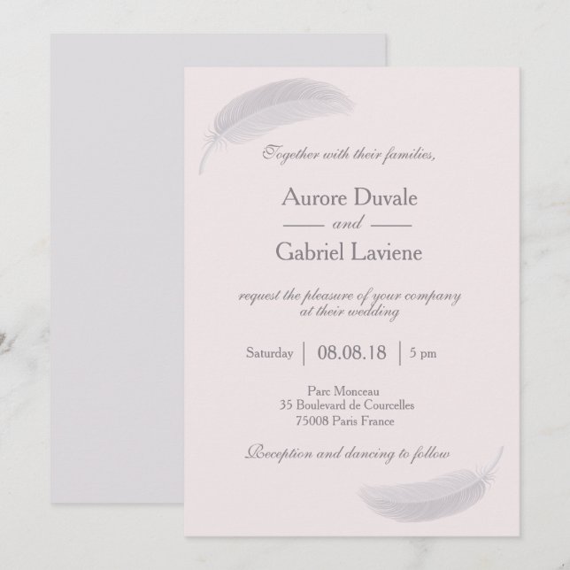 Invitation Ange Feather Blush Rose Gris Élégant Mariage (Devant / Derrière)