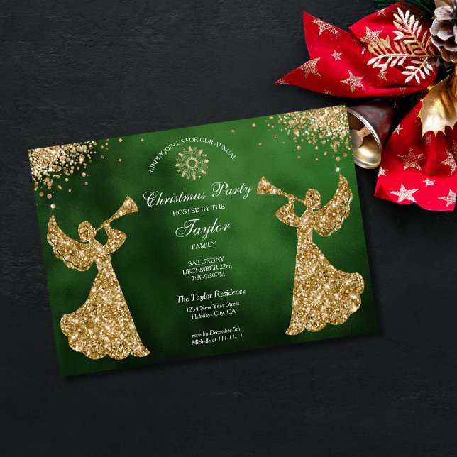 Invitation Ange Noël Arbre Famille Dîner (religious family christmas party invitation with green background and gold trumpet angels)
