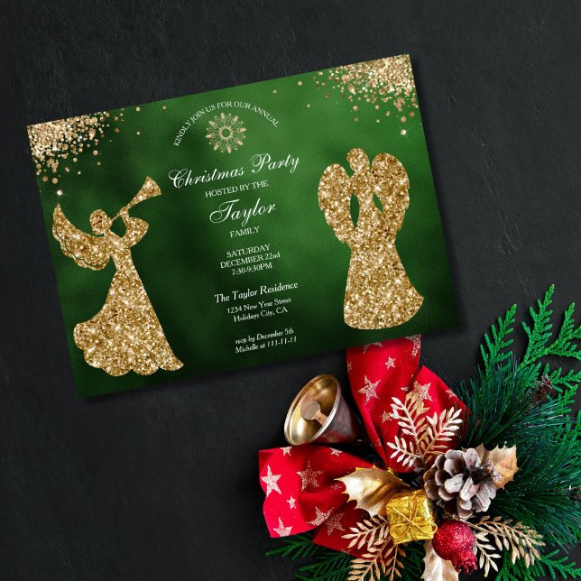 Invitation Ange Noël Arbre Famille Dîner (religious family christmas party invitation with green background and gold trumpet angels)