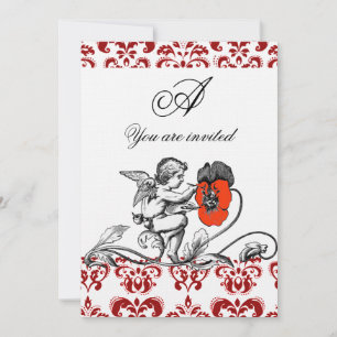 INVITATION ANGE PAINTING FLEUR ROUGE DAMASSÉ MONOGRAMME LIN