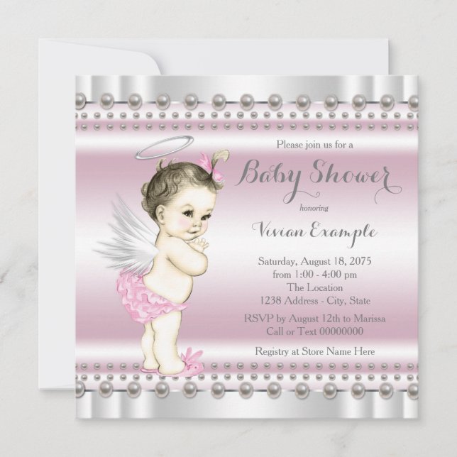 Invitation Angel Baby shower rose et gris (Devant)