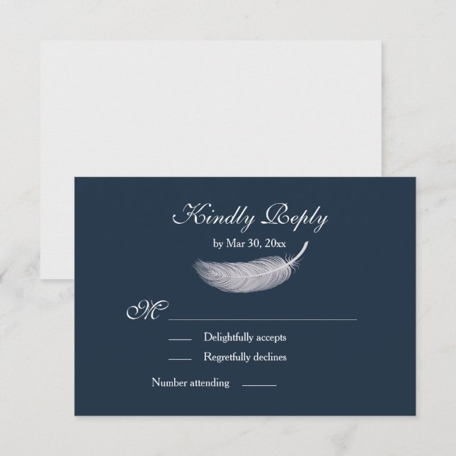 Invitation Angel Feather Marine Bleu Blanc Mariage RSVP (Devant / Derrière)