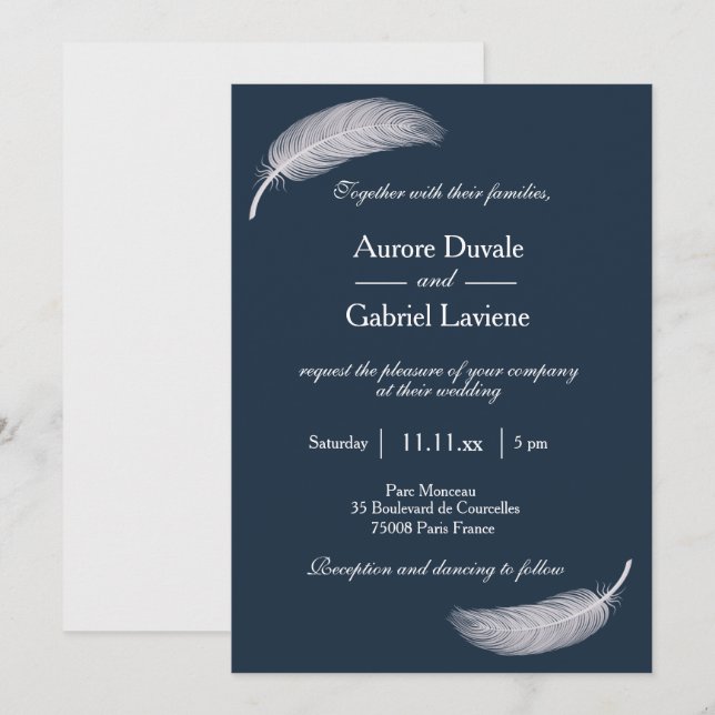Invitation Angel Plumes Marine Bleu Blanc Mariage Whimsical (Devant / Derrière)
