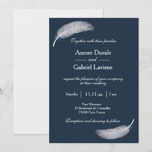 Invitation Angel Plumes Marine Bleu Blanc Mariage Whimsical