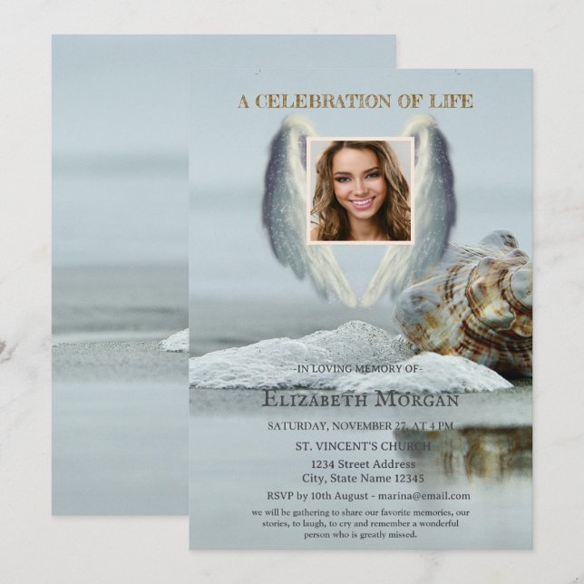 Invitation Angel Wings Beach Seashell Célébration De La Vie (Devant / Derrière)