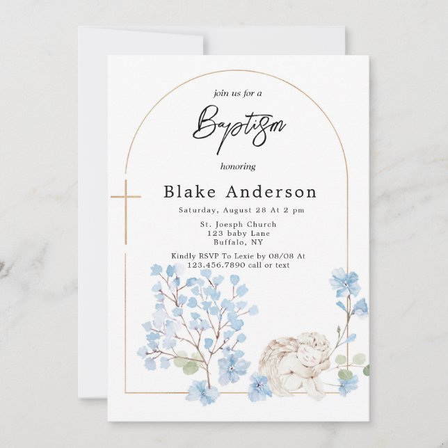 Invitation Angel Wings Cross Gold Baby Baptism (Devant)